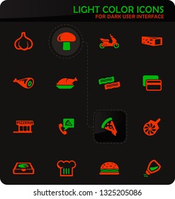 Restaurant easy color vector icons on dark background for user interface design