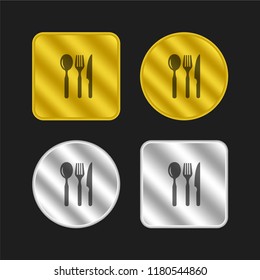 Restaurant eating tools set of three pieces gold and silver metallic coin logo icon design