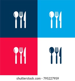 Restaurant eating tools set of three pieces four color material and minimal icon logo set in red and blue