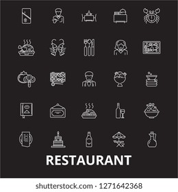 Restaurant editable line icons vector set on black background. Restaurant white outline illustrations, signs, symbols