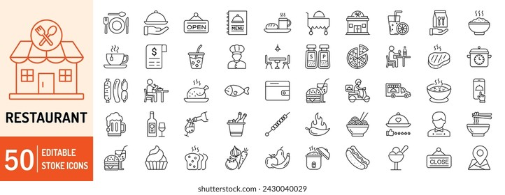 Restaurant editable stroke outline icons set. Food, business, cooking, food delivery, meat, fish, pork, beef, meal, drinks and take away. Vector illustration