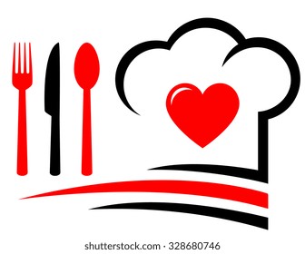 restaurant emblem with heart, chef hat and fork, knife