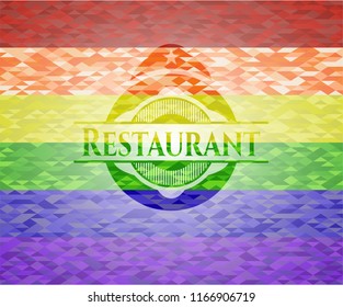 Restaurant emblem on mosaic background with the colors of the LGBT flag
