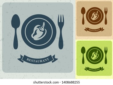 Restaurant emblem with pepper on a white plate, Pepper logotype design template, Plate, Knife, Fork, Stylized business logo idea, Vector illustration