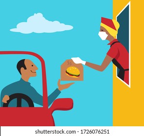 Restaurant employee in a mask and gloves handling an order to a customer in a drive through window, EPS 8 vector illustration