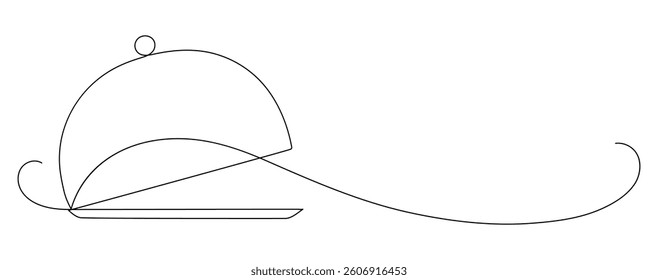 Restaurant. Empty dish or tray with cloche. Continuous line drawing. Food frame border doodle.  