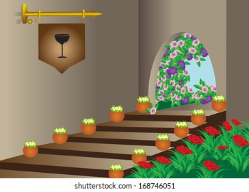 Restaurant. Restaurant Entrance With Stairs And Vases With Flowers