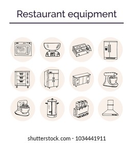 Restaurant equipment hand drawn doodle set. Sketches. Vector illustration for design and packages product. Symbol collection.