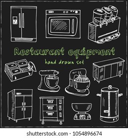 Restaurant equipment hand drawn doodle set. Sketches. Vector illustration for design and packages product. Symbol collection.