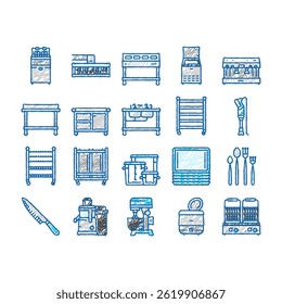 restaurant equipment kitchen cafe doodle icons set vector. fryer commercial, professional industry, clean utensil, interior fridge, stainless restaurant equipment kitchen cafe sketch hand drawn