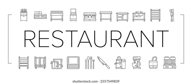 restaurant equipment kitchen cafe icons set vector. fryer commercial, professional industry, clean utensil, interior fridge, stainless restaurant equipment kitchen cafe black contour illustrations