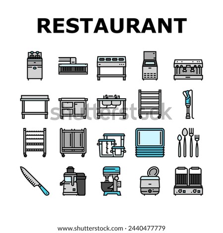 restaurant equipment kitchen cafe icons set vector. fryer commercial, professional industry, clean utensil, interior fridge, stainless restaurant equipment kitchen cafe color line illustrations
