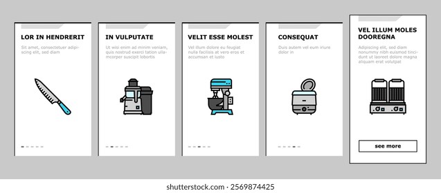 restaurant equipment kitchen cafe onboarding mobile vector fryer commercial, professional industry, clean utensil, interior fridge, stainless restaurant equipment kitchen cafe illustrations