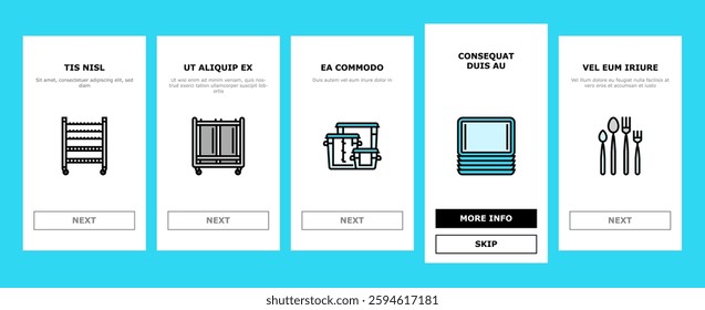 restaurant equipment kitchen cafe onboarding mobile vector fryer commercial, professional industry, clean utensil, interior fridge, stainless restaurant equipment kitchen cafe illustrations