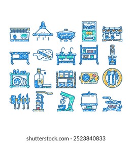 Vector del sistema de los iconos del doodle de la cocina del equipo del restaurante, tabla interior del arte de la línea del boceto, limpio profesional, acero moderno, hotel inoxidable, horno de la comida, equipo del restaurante de la parrilla