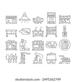 restaurant equipment kitchen icons set vector. interior table, professional clean, steel modern, stainless hotel, food oven, grill restaurant equipment kitchen black contour illustrations