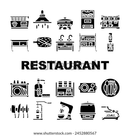 restaurant equipment kitchen icons set vector. interior table, professional clean, steel modern, stainless hotel, food oven, grill restaurant equipment kitchen glyph pictogram Illustrations