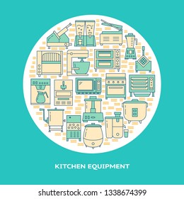 Restaurant equipment round concept banner in line style. Professional kitchen equipment poster template with text. Vector illustration.