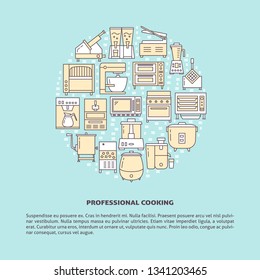 Restaurant equipment round concept banner in line style