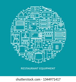 Restaurant equipment round concept banner in line style