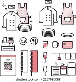Restaurant equipment, uniforms, glassware, tableware, kitchen, banner flag, cash register and QR code icon set