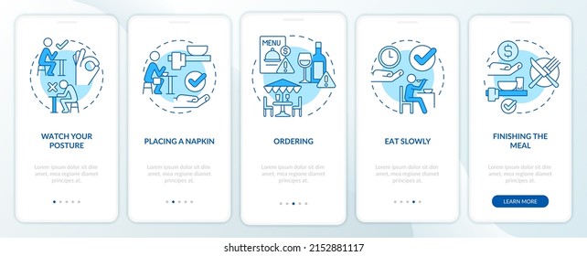 Restaurant etiquette blue onboarding mobile app screen. Table manners walkthrough 5 steps graphic instructions pages with linear concepts. UI, UX, GUI template. Myriad Pro-Bold, Regular fonts used