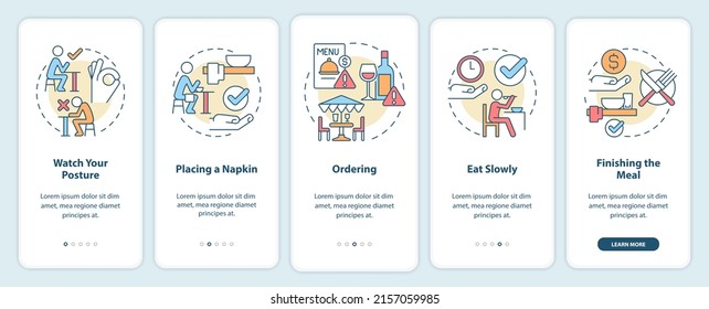 Restaurant Etiquette on boarding mobile app Bildschirm. Tischmanieren durchlaufen 5 Stufen grafische Anleitungen Seiten mit linearen Konzepten. UI, UX, GUI-Vorlage. Myriad Pro-kühne, Standardschriftarten verwendet