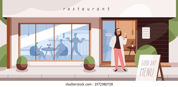 Restaurant exterior with people inside and outside. Happy smiling man on street near open cafe taking photo on mobile phone. Facade of modern city building with windows. Flat vector illustration