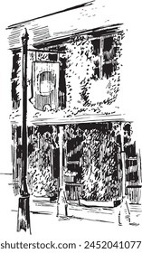 Restaurant exterior sketch. Building with plants ink illustration. Architecture vector drawing. 