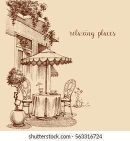 Restaurant Exterior Sketch, Coffee Shop Terrace With Table And Chairs, Lounge Concept