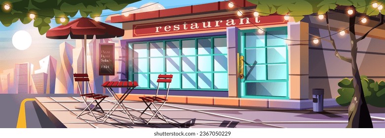 Banner de fondo de fachada de restaurante en diseño de caricaturas planas. Afiche exterior de la cafetería de la calle con mesa y sillas en terraza, menú, escaparate y entrada, guirnaldas en los árboles. Ilustración del vector