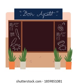 fachada de restaurante con menú de pizarra y ilustración vectorial de cartelera