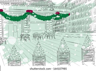 Restaurant facade with Christmas decorations in old city