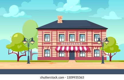 Restaurant facade of european building. Street with vintage house. Vector illustration in flat or cartoon style