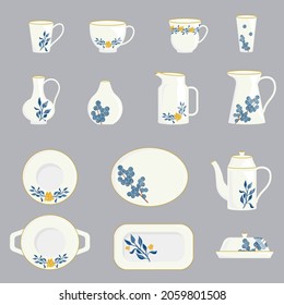 Restaurant faience. Collection of modern ceramic tableware utensils cups, plates, dishes, jugs. Set of decorative utensils items isolated on white background.