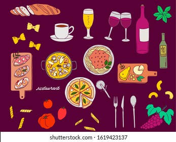 Restaurant fashionable hand drawn material illustration set