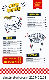 Restaurant Fast Food Burger and French Fries Menu Vector