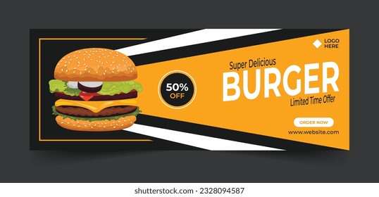 Restaurant Fast food Burger Social Media cover post or web banner template design. Food promotion banner. Burger social media cover post vector illustration