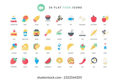 Restaurant or fast food cafe symbols, french fries and chicken, noodles taco and pizza, ice cream croissant and cupcake with coffee and juice. Food trendy flat icons set vector illustration