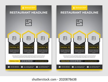 Restaurant Fast Food Flyer Template Design 1 with Yellow, Black and White Color in Rectangle, Hexagon, Triangle Layout A4 Size, Brochure Design Vector
