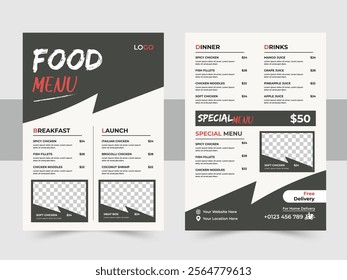 Restaurant fast food menu Design Template, Delicious Restaurant Food Menu Design appetizer Template, Elegant Food Menu Template and A4 set menu editable vector format