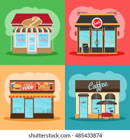 Restaurant Or Fast Food Store Front Set. Cafe Shop, Pizza Shop And Downtown Chinese Market Vector Illustration