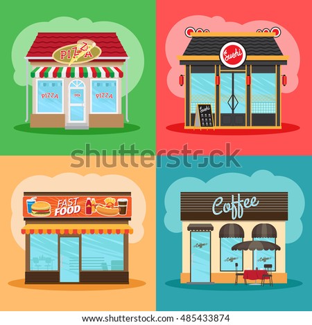 Restaurant or fast food store front set. Cafe shop, pizza shop and downtown chinese market vector illustration
