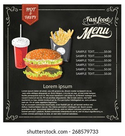 Restaurant Fast Foods menu hamburger french frieson and drink on chalkboard vector format eps10