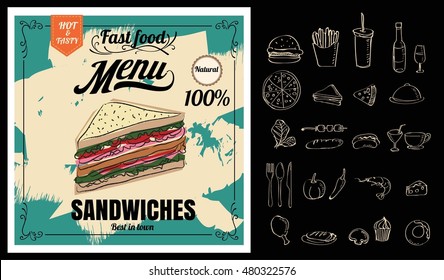 Restaurant Fast Foods menu sandwich on chalkboard vector format eps10