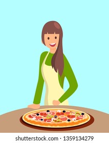 Restaurant Female Chef Offering Pizza Illustration. Cafeteria Waitress in Apron Flat Character. Cartoon Cheerful Cafe Staff. Housewife Baking Pastry for Dinner. Woman with Home-Cooked Dish