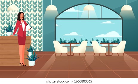 Restaurant female manager standing and waiting for visitors. Cafe administrator welcoming guest. Restaurant interior. Isolated flat vector illustration