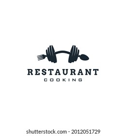 restaurant fitness gym logo design with fork spoon and barbell symbol sport concepts