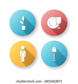 Restaurante de diseño plano de sombra larga de iconos glifos conjunto. Planta de artesonado para la decoración de cafés. Vajilla limpia para servir comida. Gerente de hotel. Lámpara de iluminación en el suelo. Ilustración de color RGB de silueta