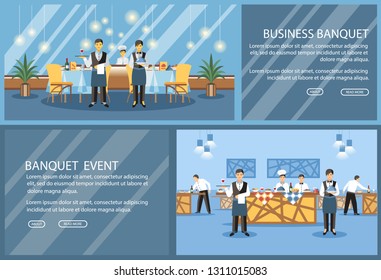 Restaurant flat landing page vector template. Banquet hall, event center website, webpage. Waiters, chef cooks cartoon characters. Served tables color illustration. Catering service web banner concept